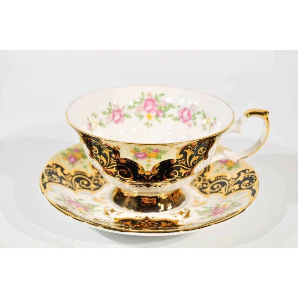 Elizabethan English Bone China Teacup and Saucer Balmoral Black Gold Staffordshi